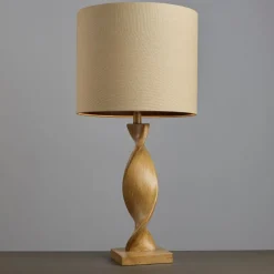 Abia Oak Effect & Natural Linen Table Lamp