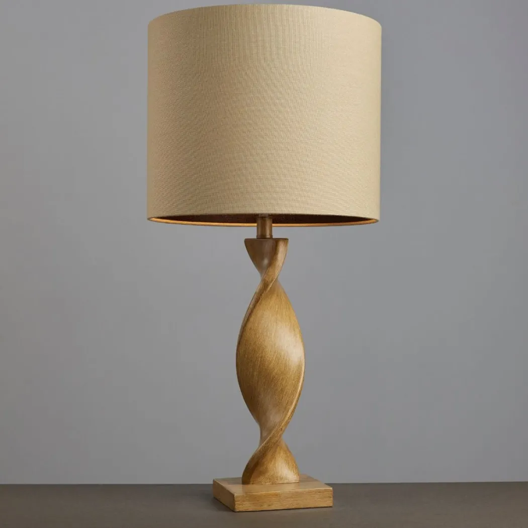 Abia Oak Effect & Natural Linen Table Lamp