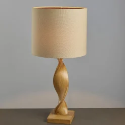 Abia Oak Effect & Natural Linen Table Lamp