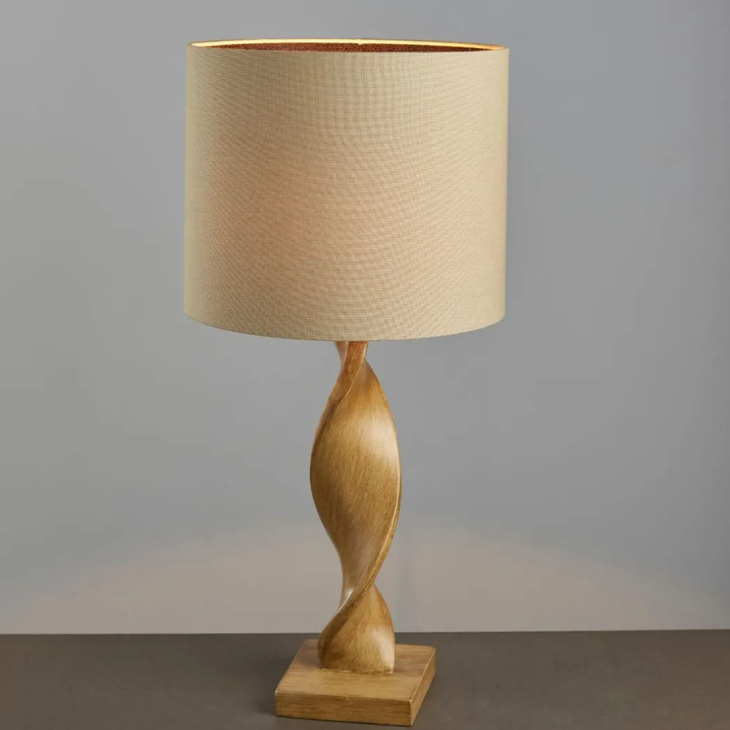Abia Oak Effect & Natural Linen Table Lamp