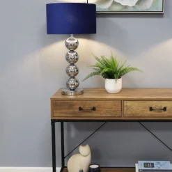 Aila Metal Sphere Lamp Chrome Table Lamp with Navy Shade