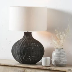 Allona Black Rattan Round Table Lamp