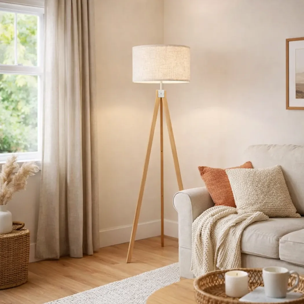 Armitage Light Wood Tripod Floor Lamp with Natural Shade