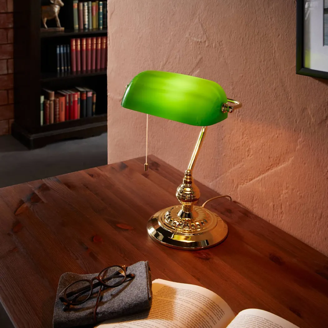 Banker Desk Table Lamp with Green Glass Shade