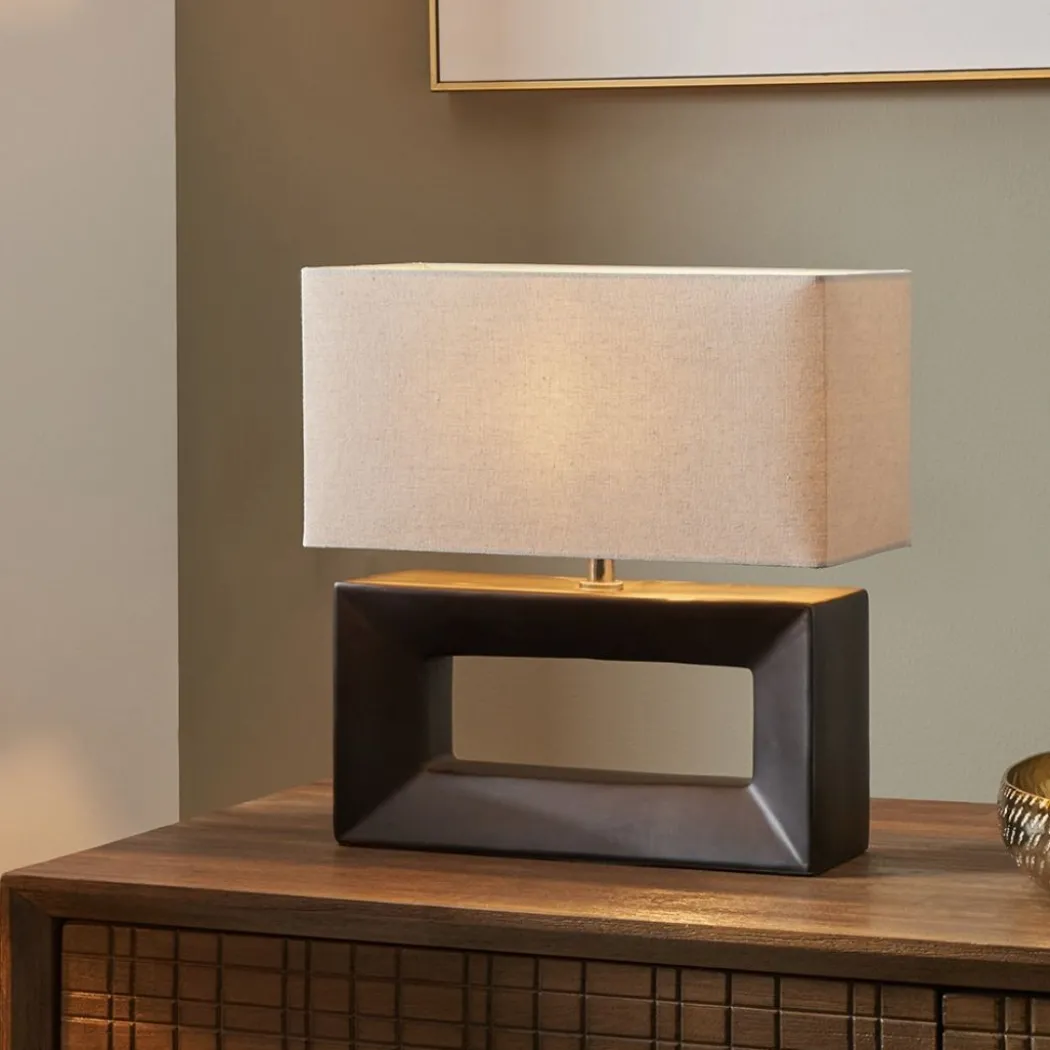 Block Black Ceramic Table Lamp with Neutral Shade