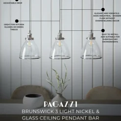 Brunswick 3 Light Nickel & Glass Ceiling Pendant Bar