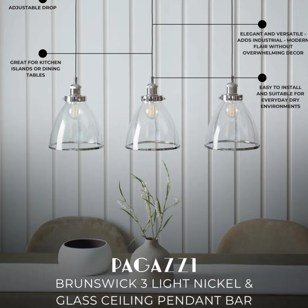 Brunswick 3 Light Nickel & Glass Ceiling Pendant Bar