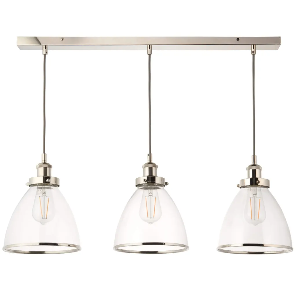 Brunswick 3 Light Nickel & Glass Ceiling Pendant Bar