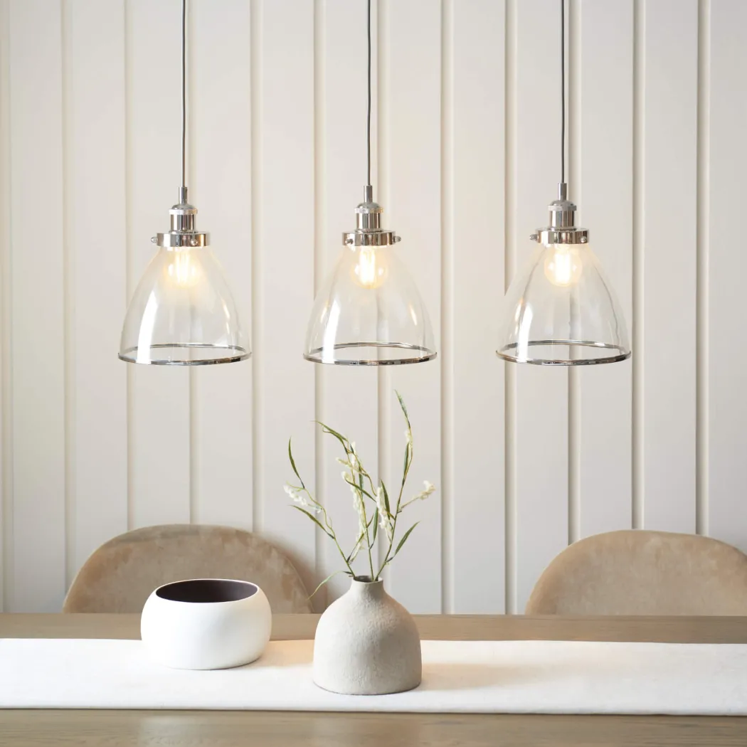 Brunswick 3 Light Nickel & Glass Ceiling Pendant Bar