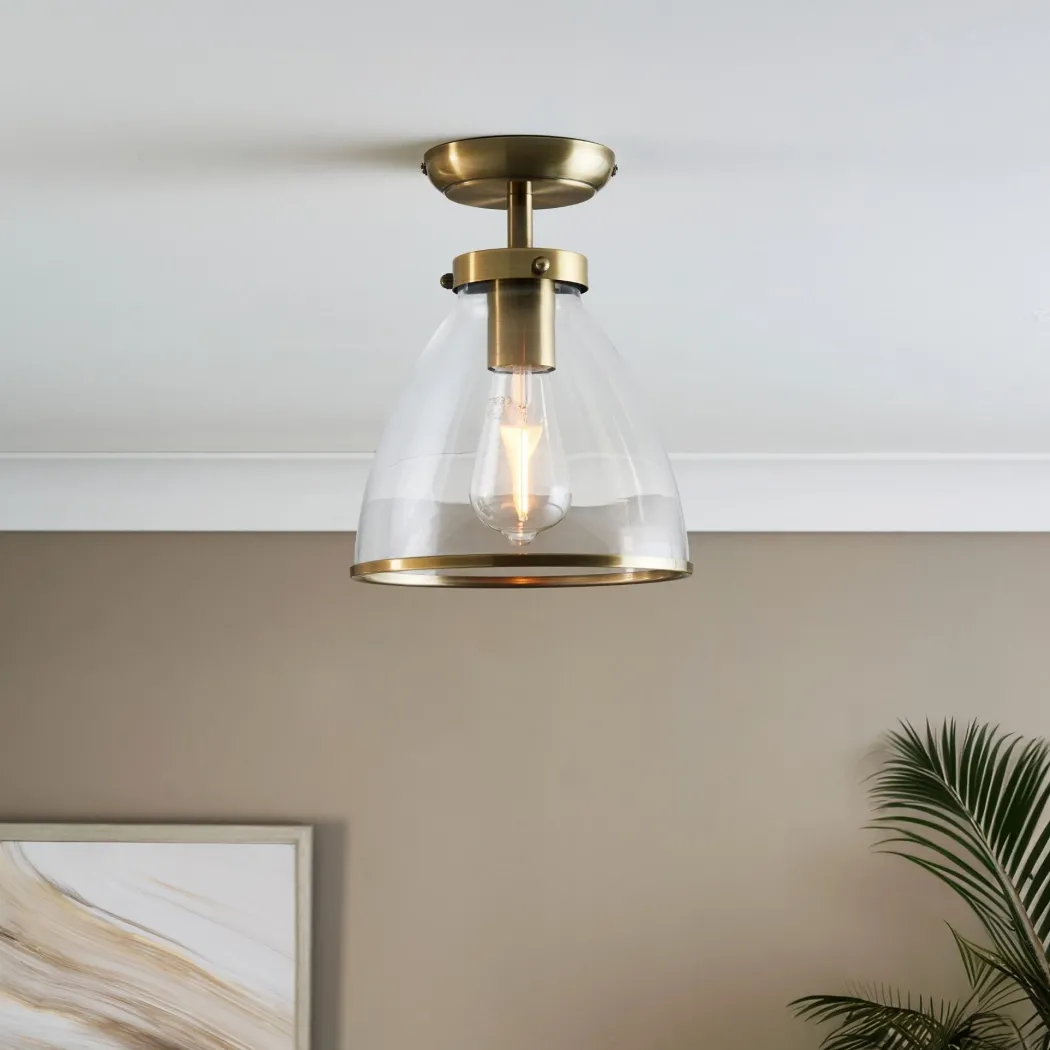 Brunswick Antique Brass & Glass Flush Ceiling Light