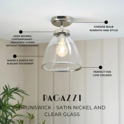 Brunswick Satin Nickel and Clear Glass Semi-Flush Ceiling Light