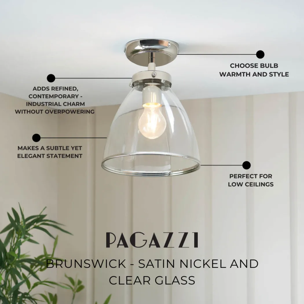 Brunswick Satin Nickel and Clear Glass Semi-Flush Ceiling Light