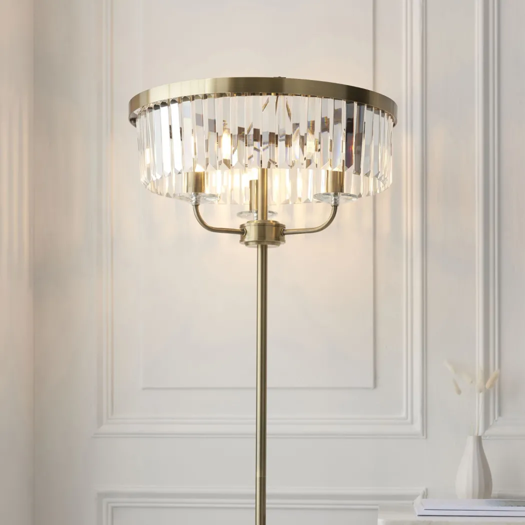 Chesterfield 3 Light Antique Brass & Glass Floor Lamp