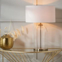 Cloche Antique Brass & Glass Table Lamp with White Shade