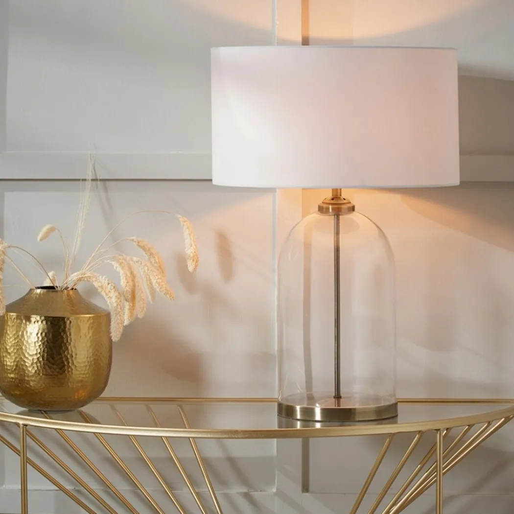 Cloche Antique Brass & Glass Table Lamp with White Shade
