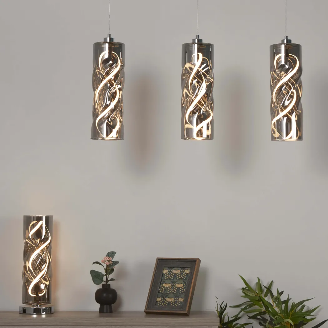 Demeter 3 Light Black Smoke Glass LED Ceiling Pendant Bar