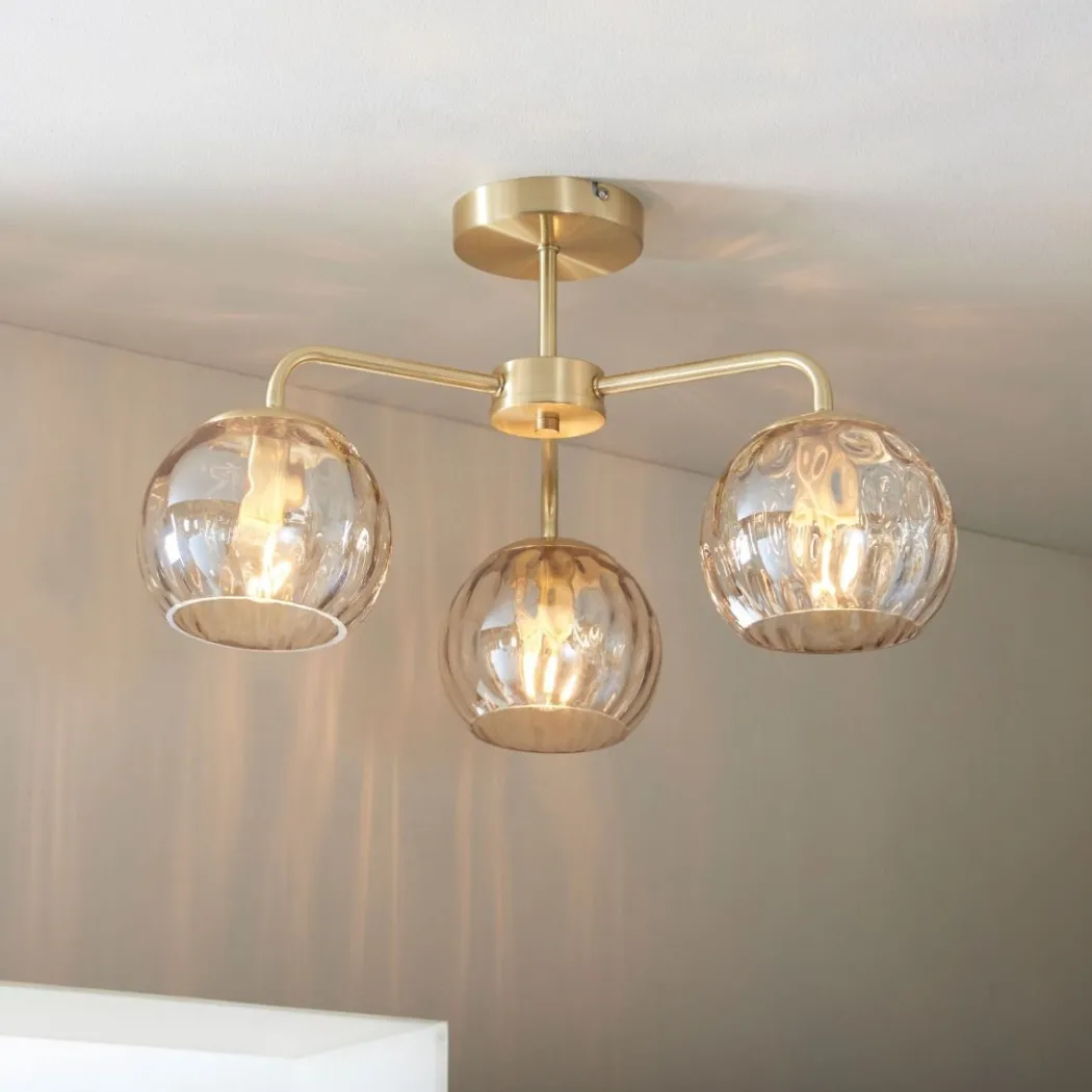 Dimple 3 Light Semi Flush Satin Brass Ceiling Light