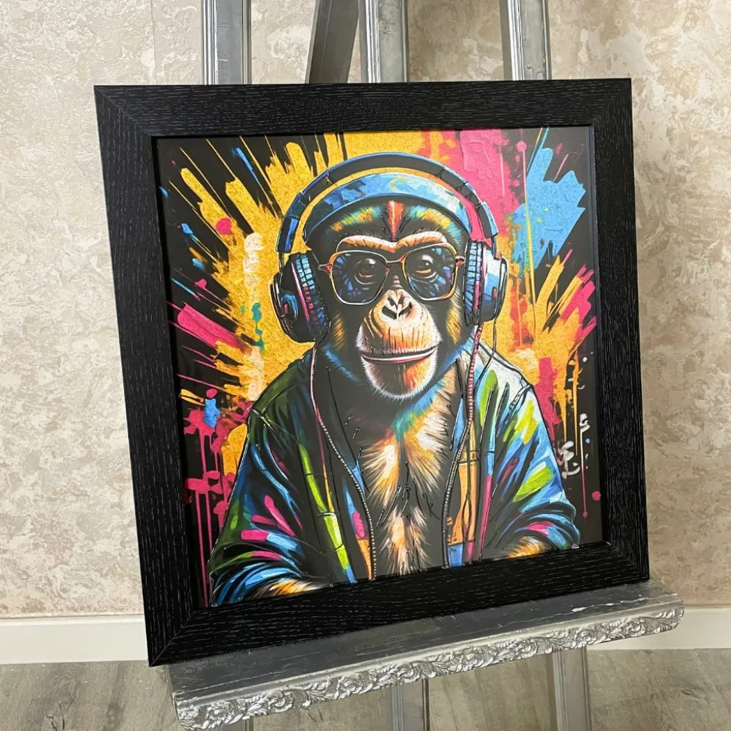 DJ Monkey Wall Art with Black Frame