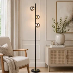 Eaen 3 Light Black and Gold Floor Lamp with Smoked Glass