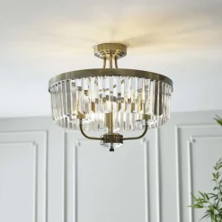 Elean 3 Light Antique Brass Glass Semi Flush Ceiling Light