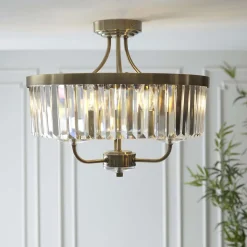 Elean 3 Light Antique Brass Glass Semi Flush Ceiling Light