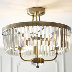 Elean 3 Light Antique Brass Glass Semi Flush Ceiling Light