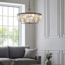 Elean 6 Light Antique Brass & Glass Pendant Ceiling Light