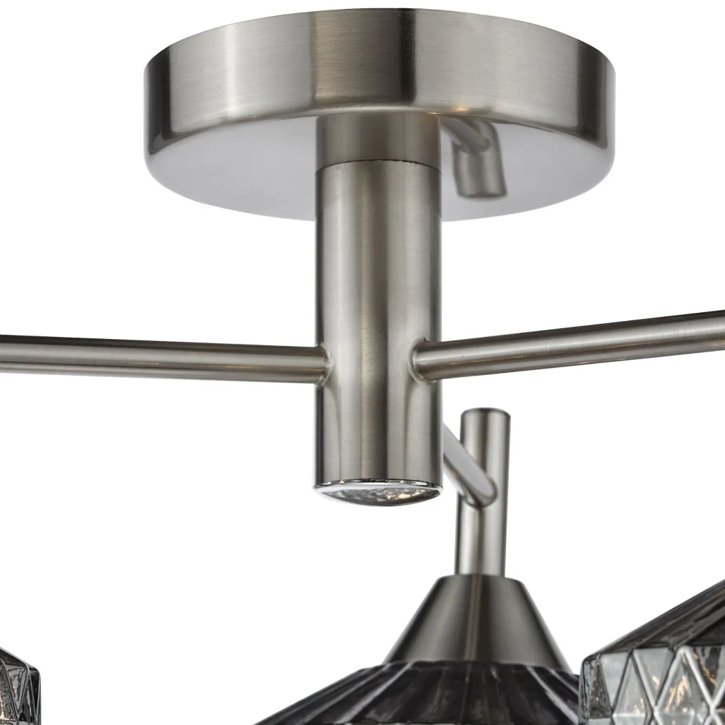 Fabrienne 3 Light Nickel & Smoked Glass Semi Flush Ceiling Light