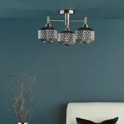 Fabrienne 3 Light Nickel & Smoked Glass Semi Flush Ceiling Light