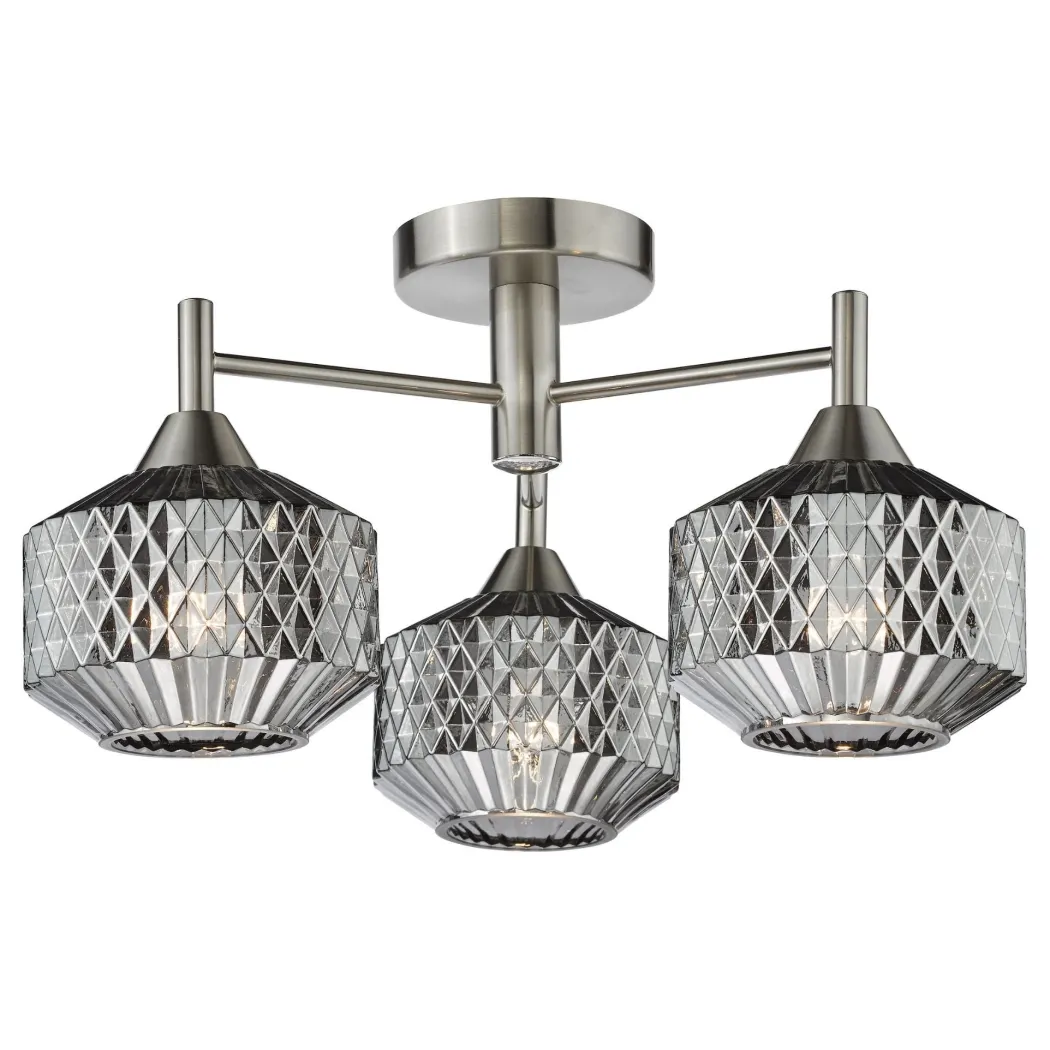 Fabrienne 3 Light Nickel & Smoked Glass Semi Flush Ceiling Light