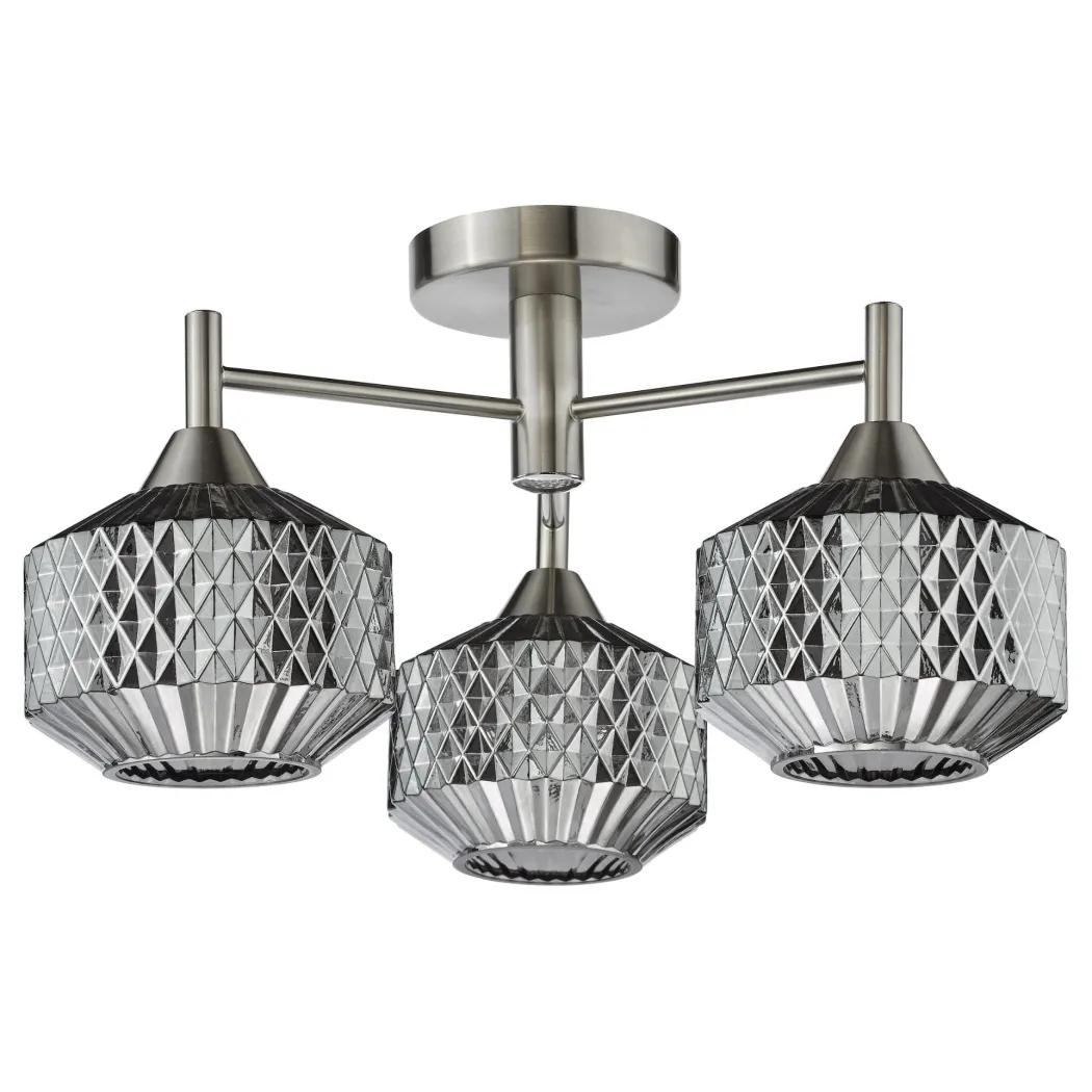 Fabrienne 3 Light Nickel & Smoked Glass Semi Flush Ceiling Light