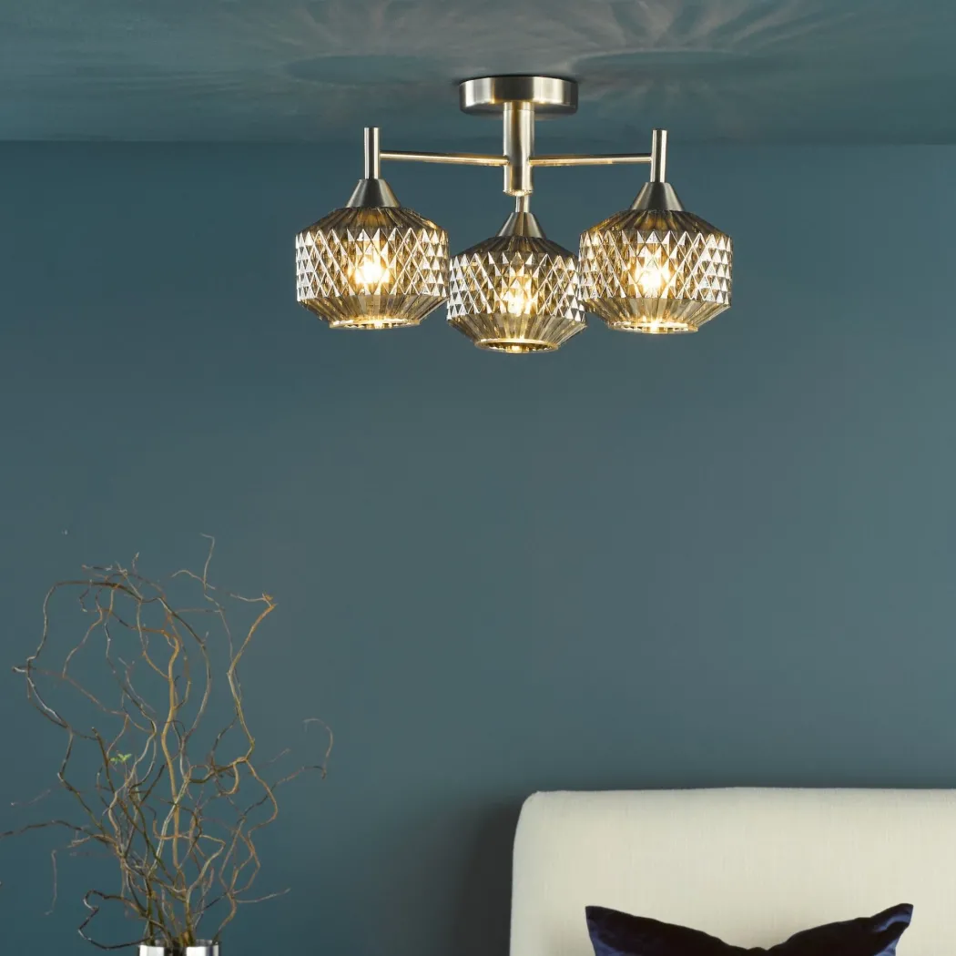 Fabrienne 3 Light Nickel & Smoked Glass Semi Flush Ceiling Light