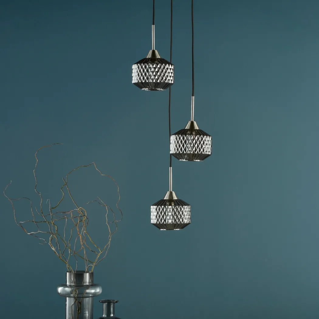 Fabrienne 3 Light Nickel & Smoked Glass Multidrop Ceiling Pendant