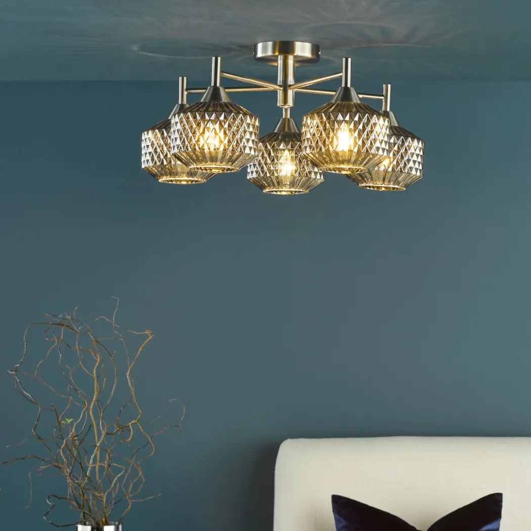Fabrienne 5 Light Nickel & Smoked Glass Semi Flush Ceiling Light