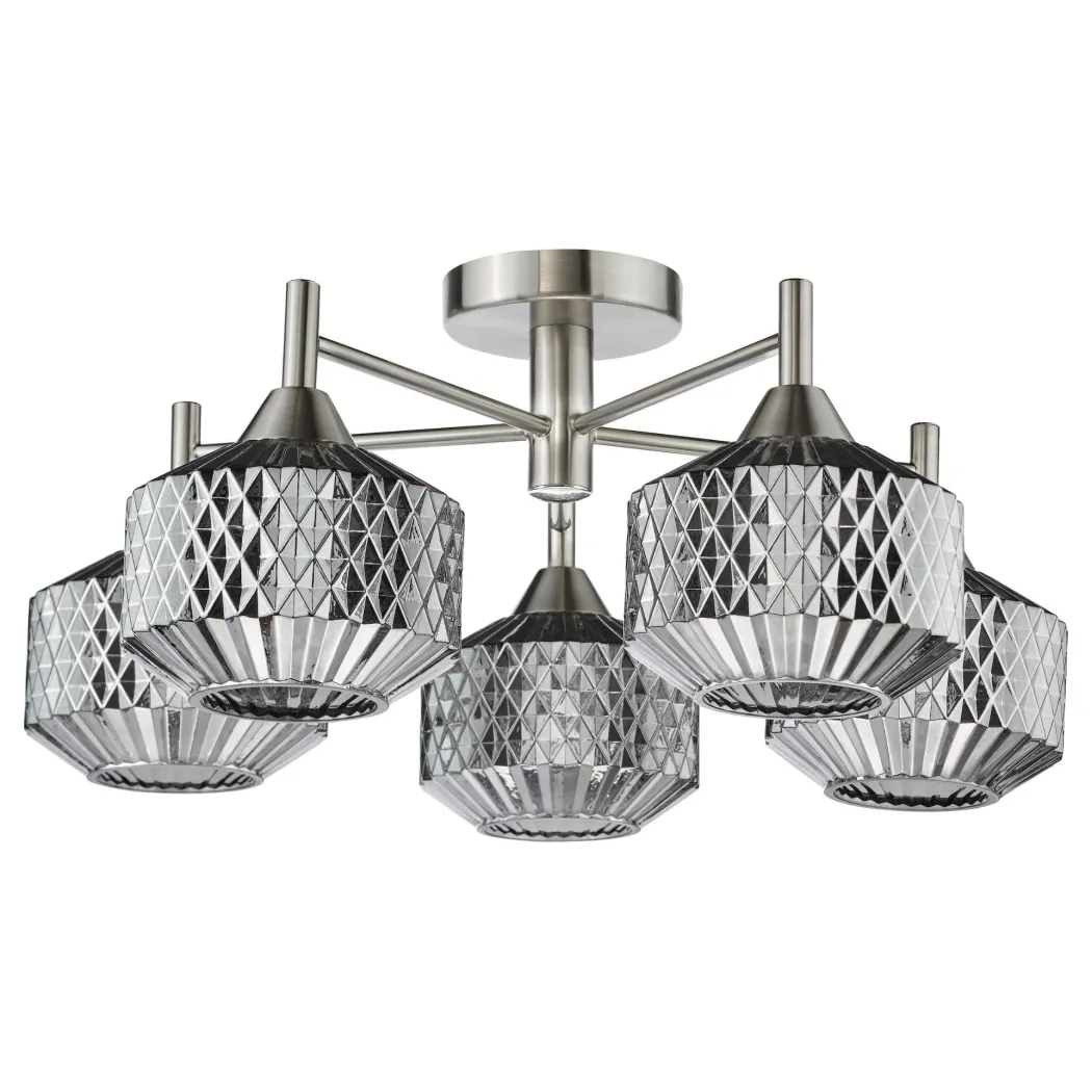 Fabrienne 5 Light Nickel & Smoked Glass Semi Flush Ceiling Light