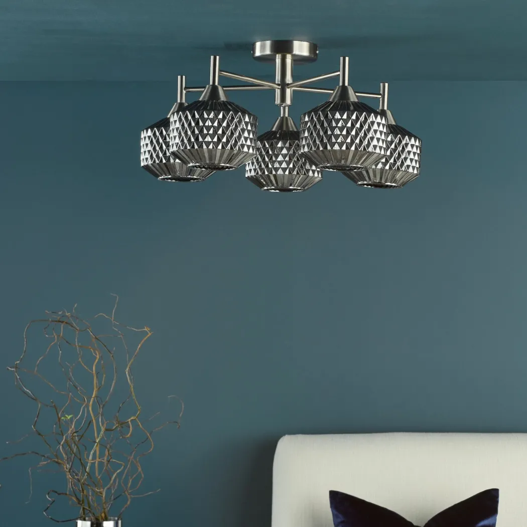 Fabrienne 5 Light Nickel & Smoked Glass Semi Flush Ceiling Light