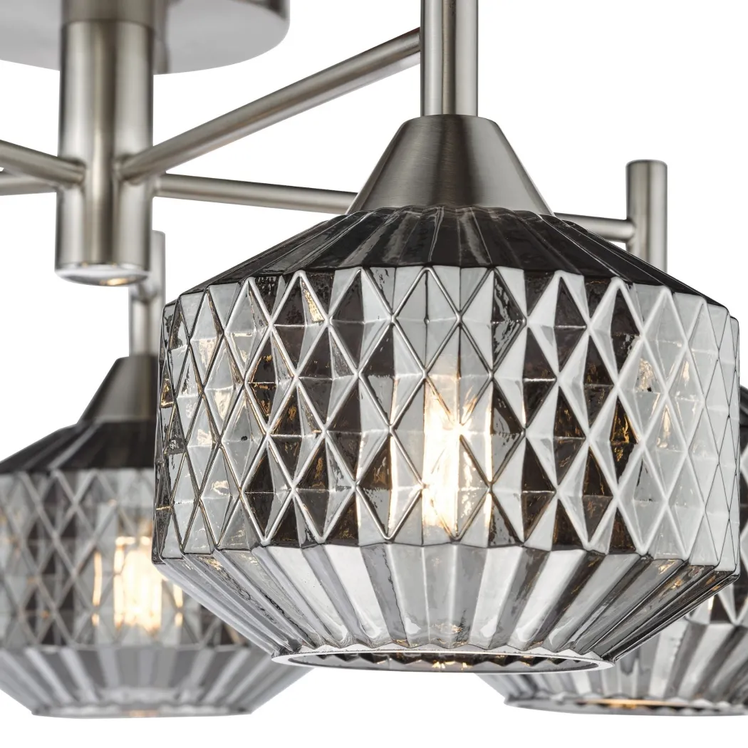 Fabrienne 5 Light Nickel & Smoked Glass Semi Flush Ceiling Light
