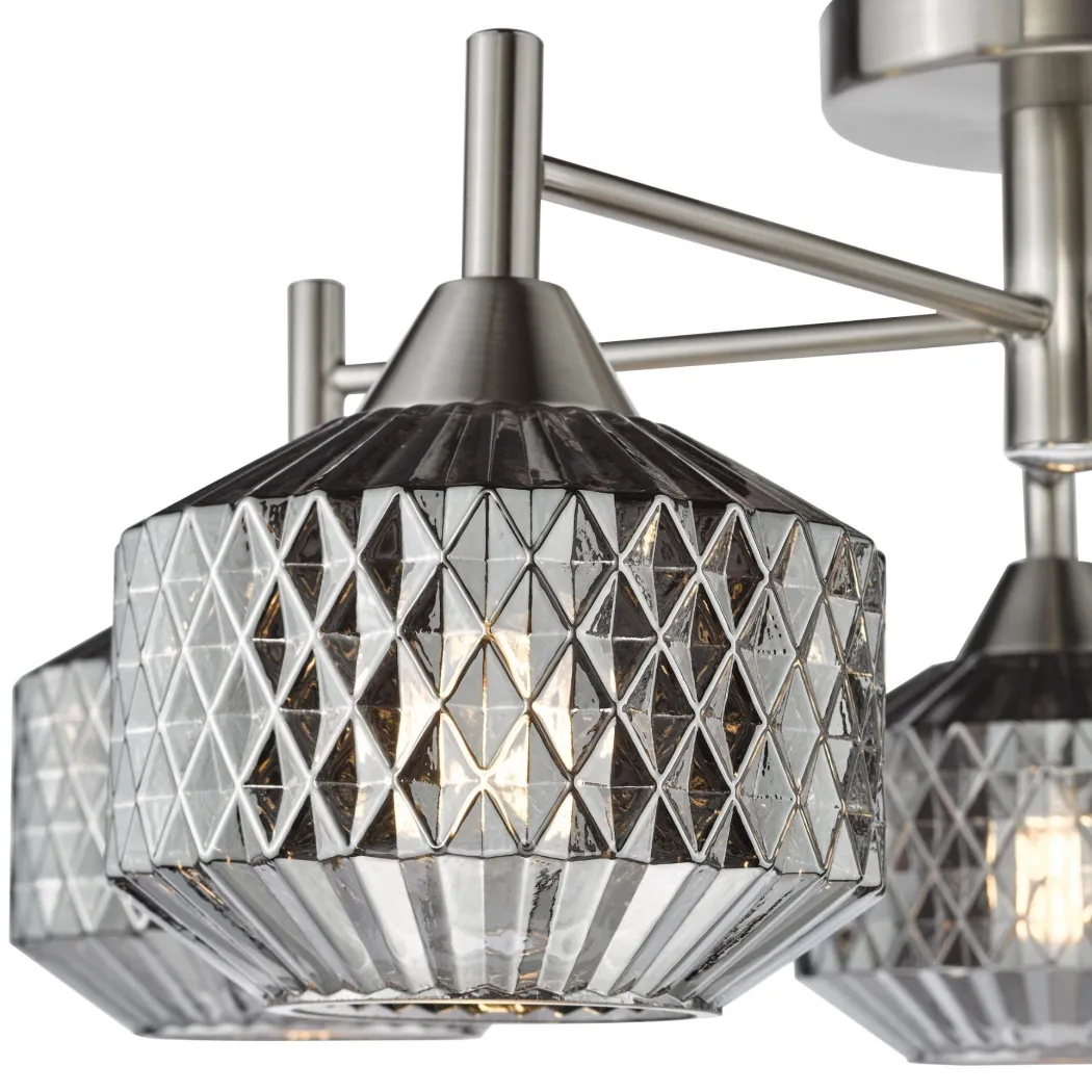 Fabrienne 5 Light Nickel & Smoked Glass Semi Flush Ceiling Light