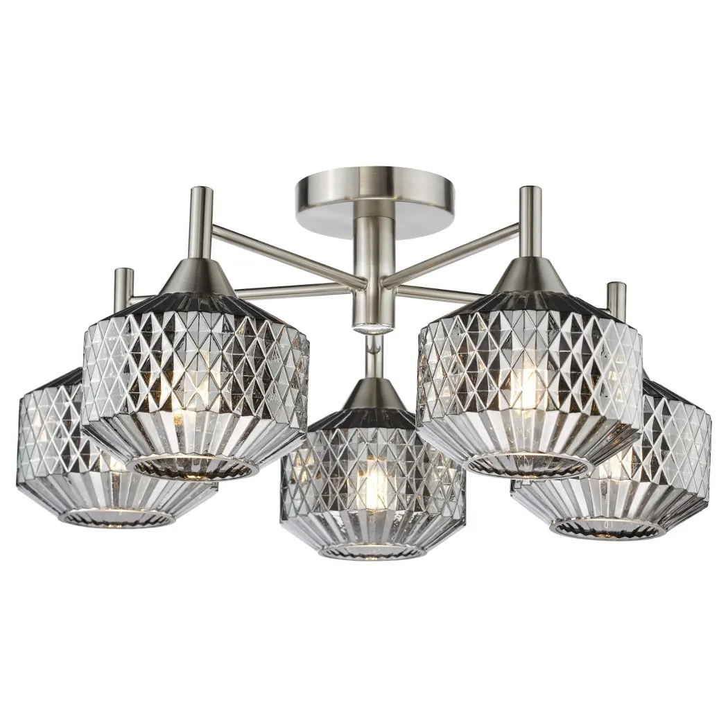 Fabrienne 5 Light Nickel & Smoked Glass Semi Flush Ceiling Light