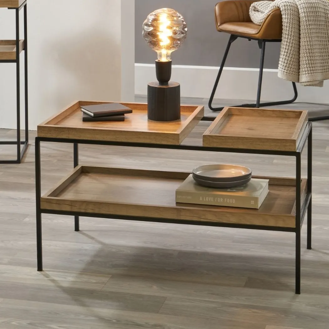 Gallery Wood Veneer and Black Metal Coffee Table
