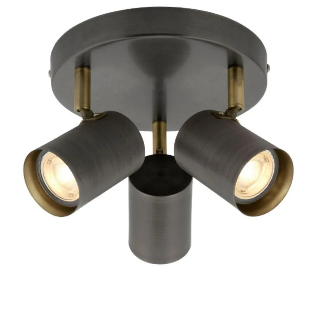 Hereford 3 Light Pewter & Antique Brass Spotlight Flush Ceiling Light