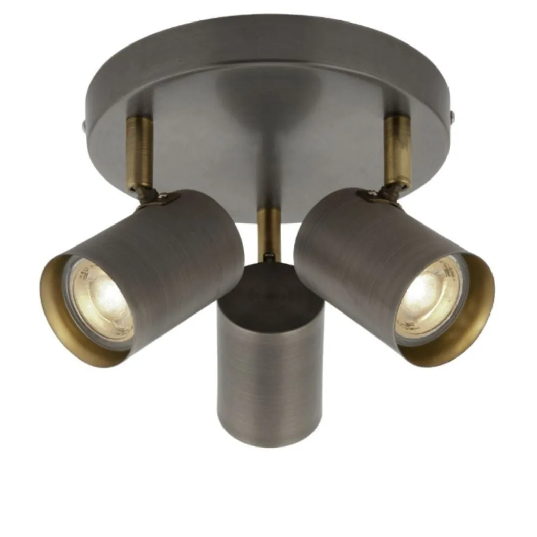 Hereford 3 Light Pewter & Antique Brass Spotlight Flush Ceiling Light