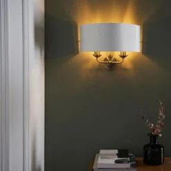 Highclere 2 Light Antique Brass Wall Light with White Shade