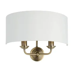 Highclere 2 Light Antique Brass Wall Light with White Shade