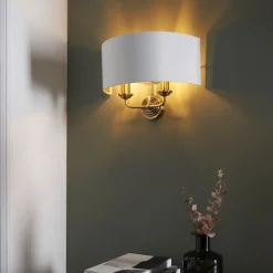 Highclere 2 Light Antique Brass Wall Light with White Shade