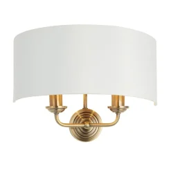 Highclere 2 Light Antique Brass Wall Light with White Shade