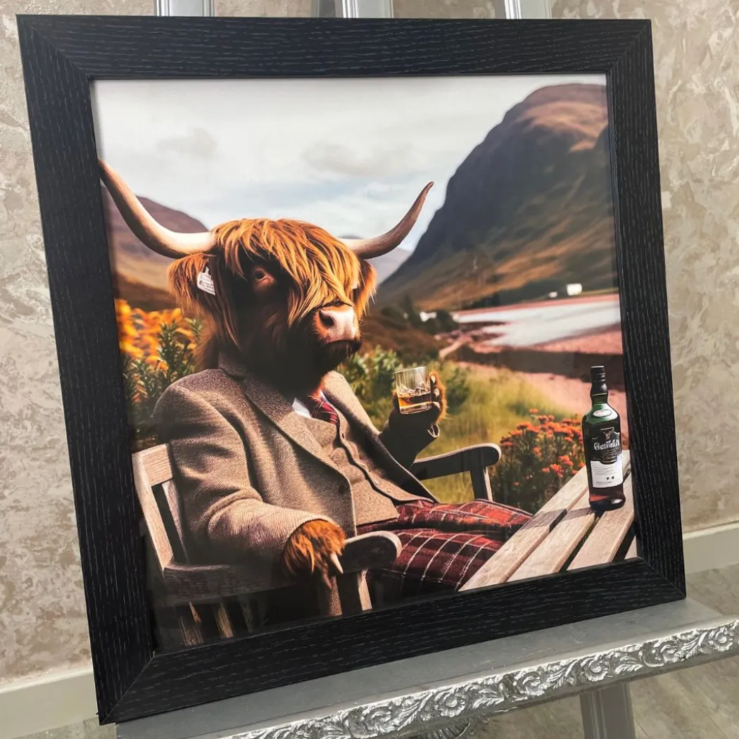 Highland Cow in Suit Wall Art with Black Frame