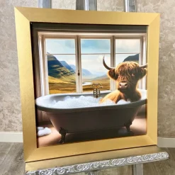 Highland Cow in the Bath Wall Art with Gold Frame