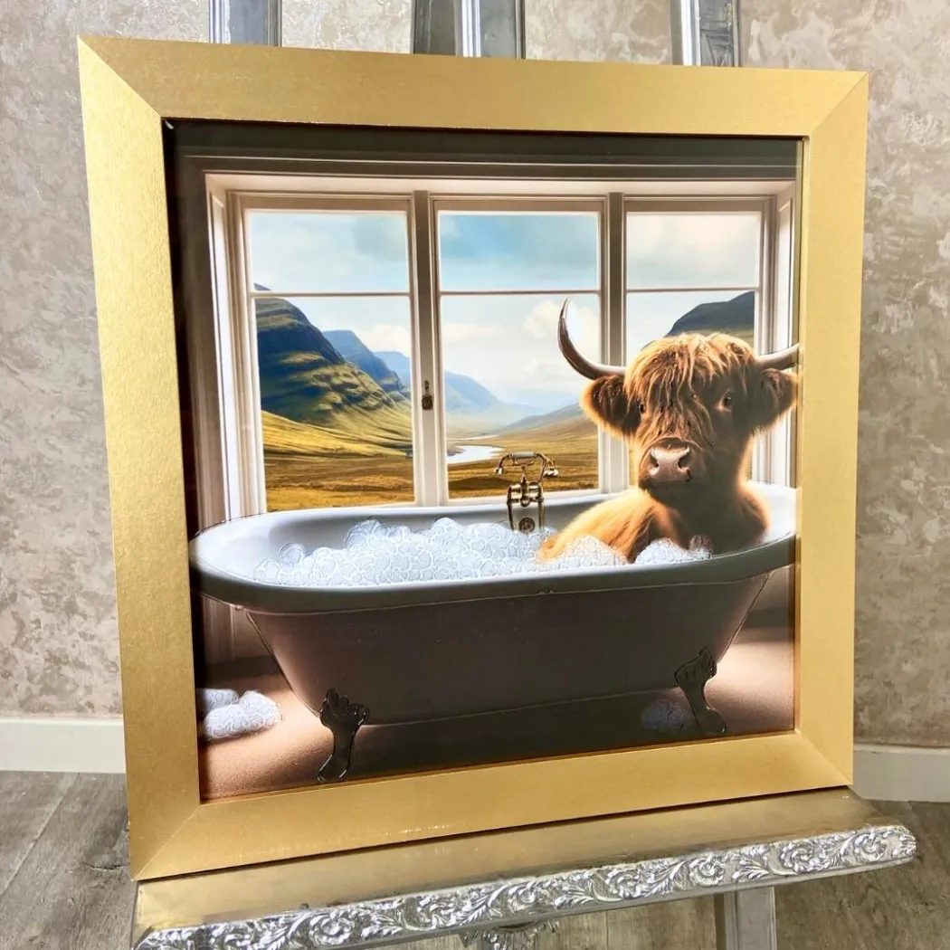 Highland Cow in the Bath Wall Art with Gold Frame