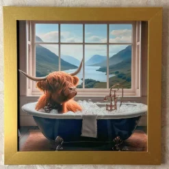Highland Cow in the Bath II with Gold Frame